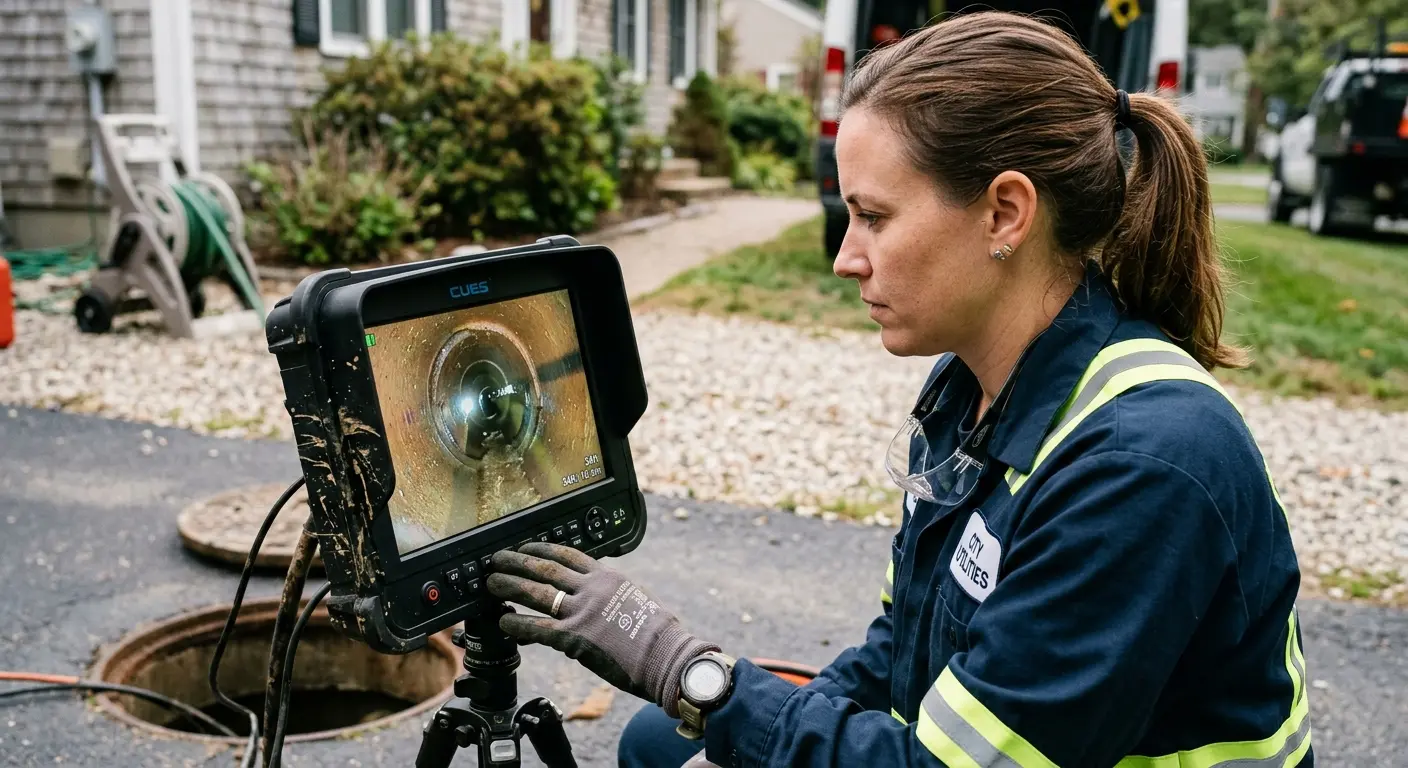 Technician reviewing sewer camera inspection footage in Cairo