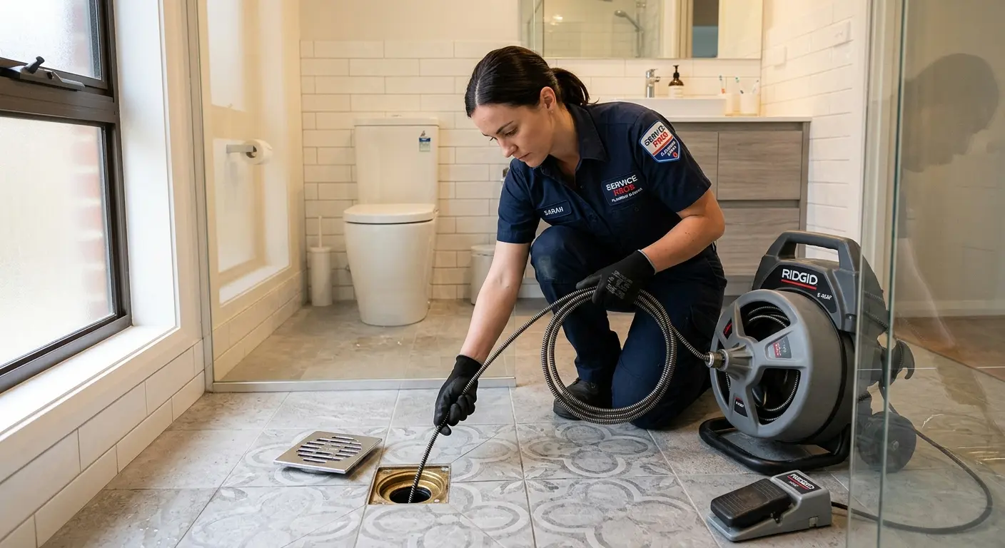 Technician clearing a bathroom floor drain for Sewer Line Replacement in Cairo